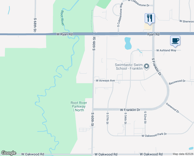 map of restaurants, bars, coffee shops, grocery stores, and more near 5801 West Airways Avenue in Franklin