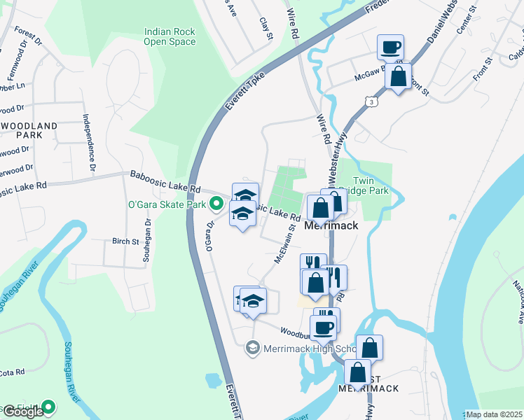 map of restaurants, bars, coffee shops, grocery stores, and more near 7 School Street in Merrimack