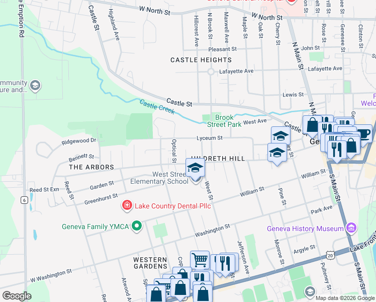 map of restaurants, bars, coffee shops, grocery stores, and more near 180 High Street in Geneva