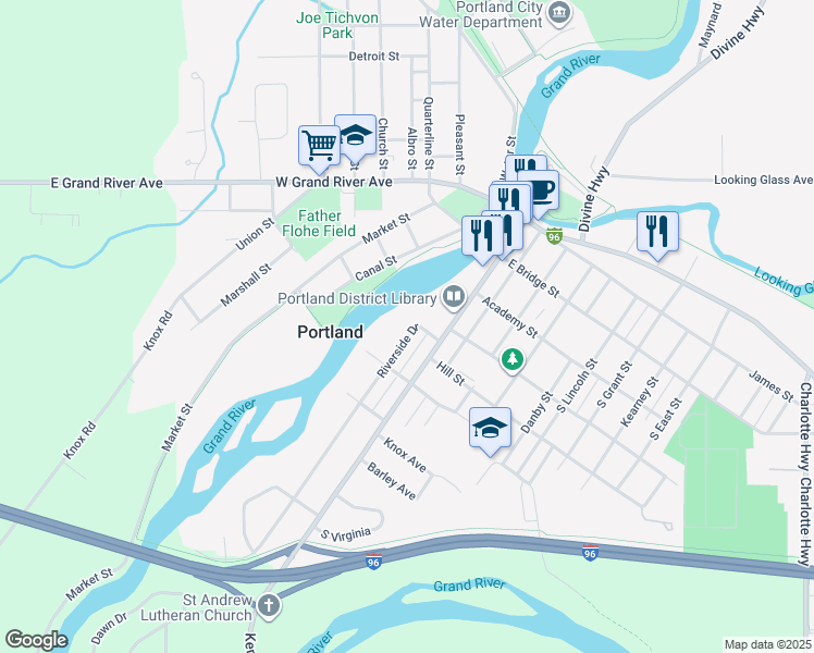 map of restaurants, bars, coffee shops, grocery stores, and more near 420 Riverside Drive in Portland