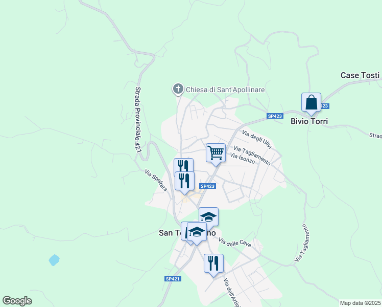 map of restaurants, bars, coffee shops, grocery stores, and more near 28 Via del Campanile in San Terenziano