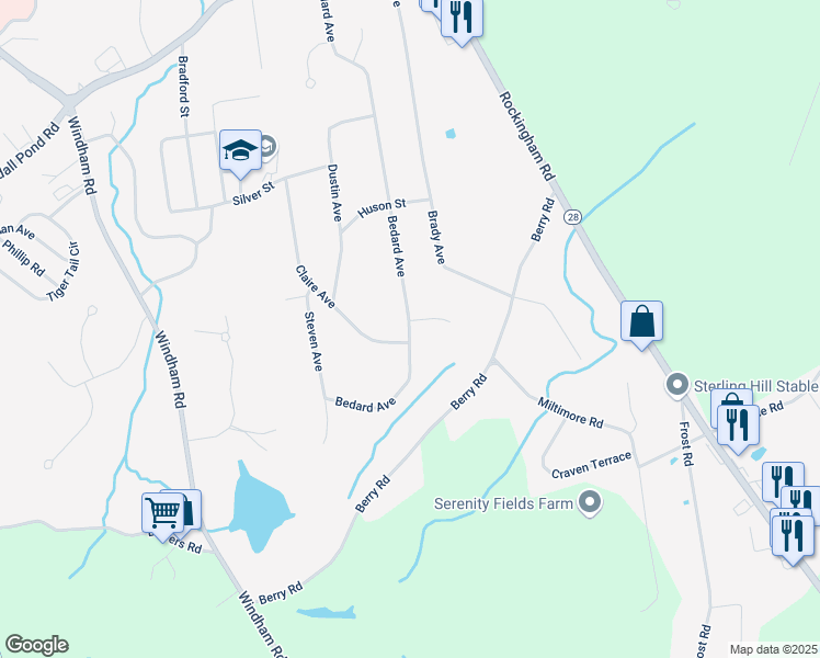 map of restaurants, bars, coffee shops, grocery stores, and more near 58 Bedard Avenue in Derry