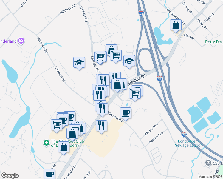 map of restaurants, bars, coffee shops, grocery stores, and more near 42 Nashua Road in Londonderry