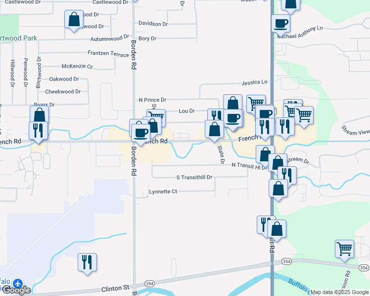map of restaurants, bars, coffee shops, grocery stores, and more near 1279 French Road in Depew