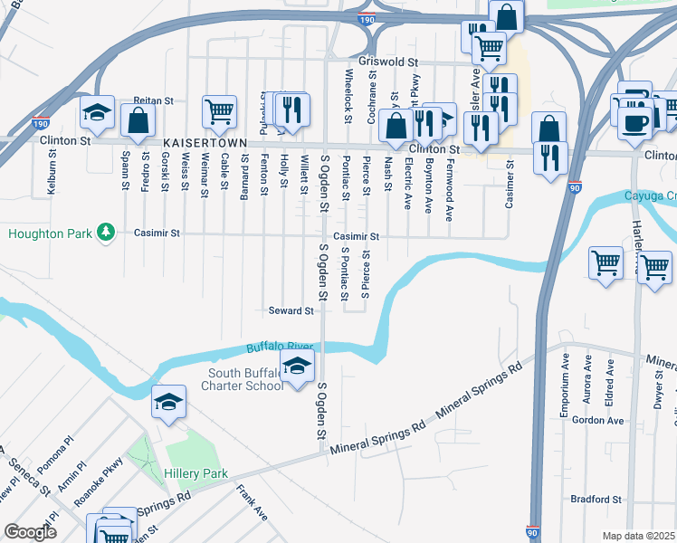 map of restaurants, bars, coffee shops, grocery stores, and more near 69 South Pontiac Street in Buffalo
