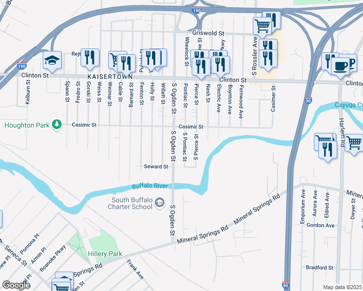 map of restaurants, bars, coffee shops, grocery stores, and more near 69 South Pontiac Street in Buffalo