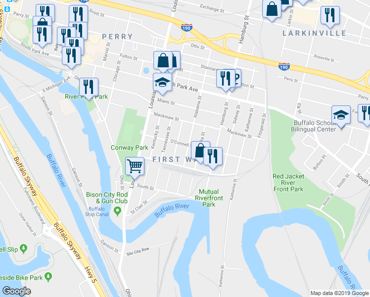 map of restaurants, bars, coffee shops, grocery stores, and more near in Buffalo