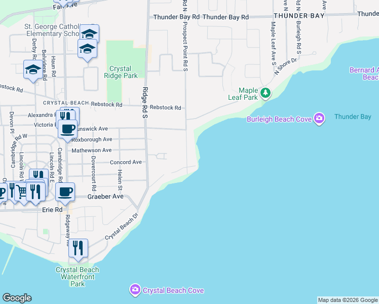 map of restaurants, bars, coffee shops, grocery stores, and more near 306 Prospect Point Road South in Fort Erie