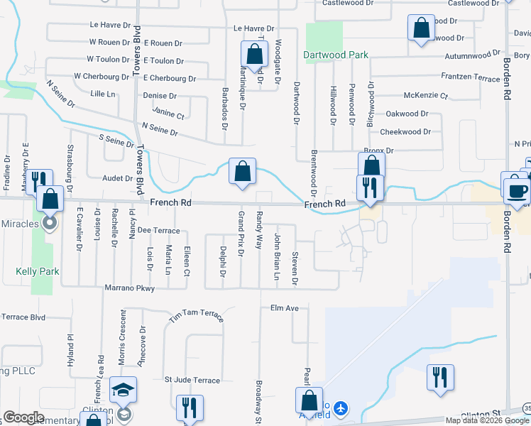 map of restaurants, bars, coffee shops, grocery stores, and more near 14 Steven Drive in Buffalo