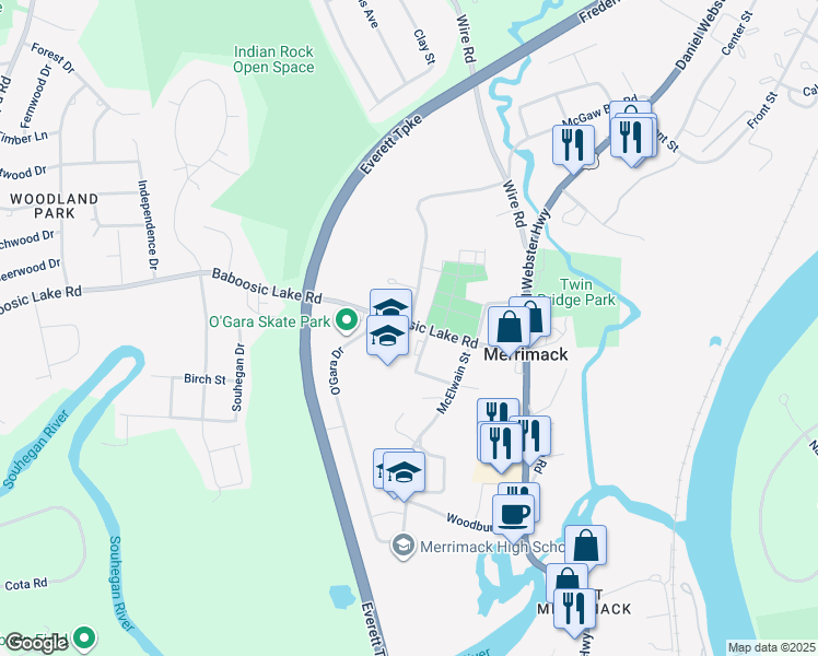 map of restaurants, bars, coffee shops, grocery stores, and more near 26 Baboosic Lake Road in Merrimack
