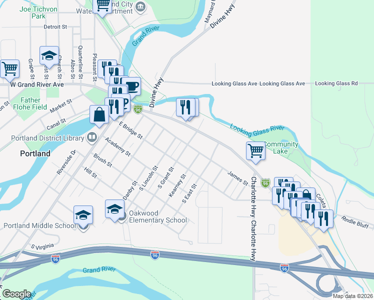 map of restaurants, bars, coffee shops, grocery stores, and more near 125 South Grant Street in Portland