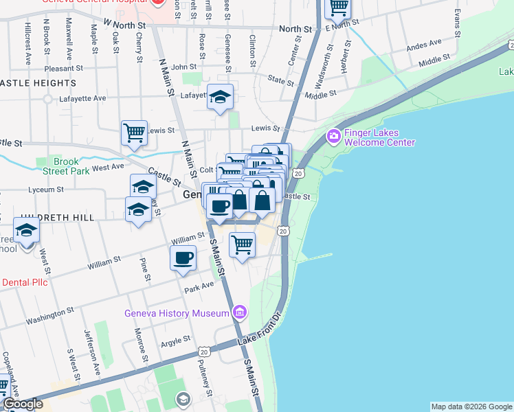 map of restaurants, bars, coffee shops, grocery stores, and more near 505 New York 14 in Geneva