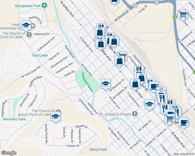 map of restaurants, bars, coffee shops, grocery stores, and more near 634 West Young Street in Pocatello