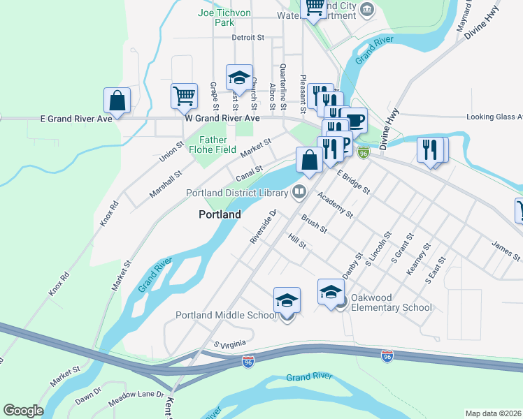 map of restaurants, bars, coffee shops, grocery stores, and more near 420 Riverside Drive in Portland