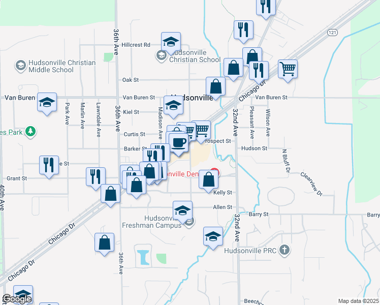 map of restaurants, bars, coffee shops, grocery stores, and more near 3302 Prospect Street in Hudsonville
