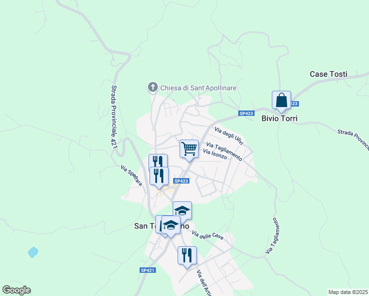 map of restaurants, bars, coffee shops, grocery stores, and more near 45 Via Roma in San Terenziano