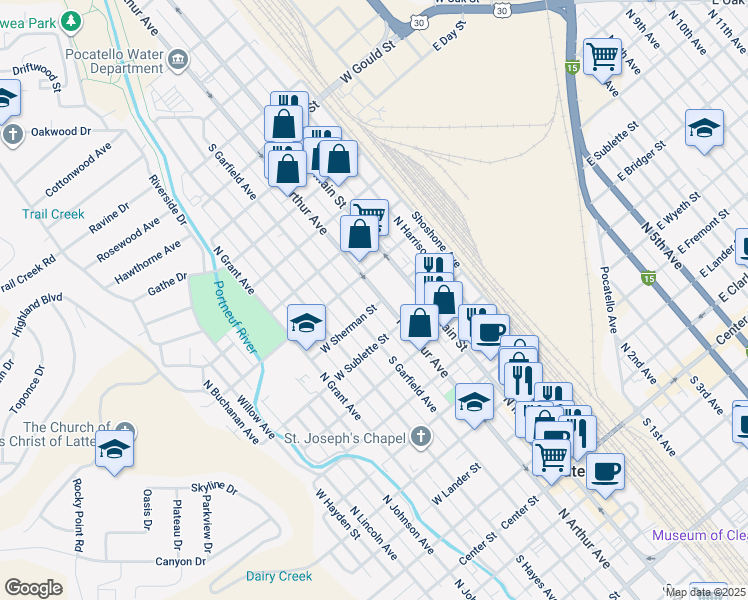 map of restaurants, bars, coffee shops, grocery stores, and more near 905 North Arthur Avenue in Pocatello