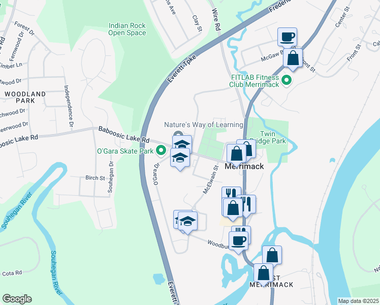 map of restaurants, bars, coffee shops, grocery stores, and more near 26 Baboosic Lake Road in Merrimack