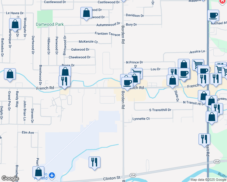 map of restaurants, bars, coffee shops, grocery stores, and more near 142 Yolk Avenue in Cheektowaga