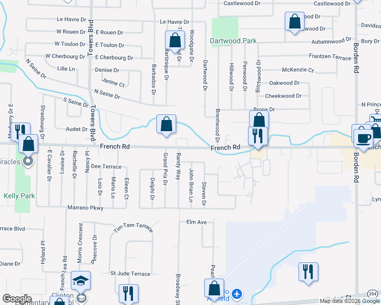 map of restaurants, bars, coffee shops, grocery stores, and more near 14 Steven Drive in Buffalo