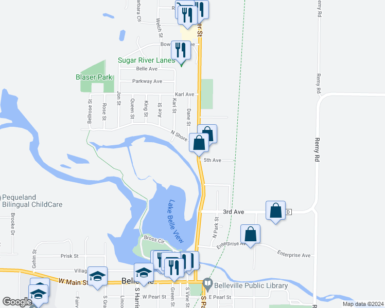 map of restaurants, bars, coffee shops, grocery stores, and more near 375 River Street in Belleville