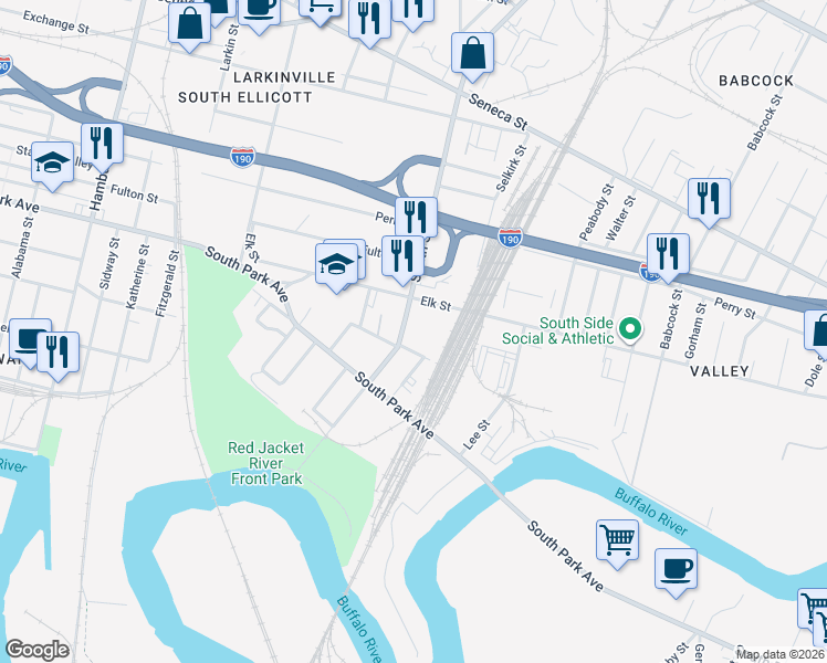 map of restaurants, bars, coffee shops, grocery stores, and more near 211 Smith Street in Buffalo