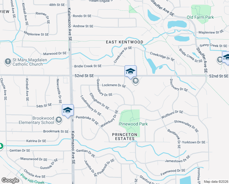 map of restaurants, bars, coffee shops, grocery stores, and more near 5349 Queensbury Drive Southeast in Kentwood
