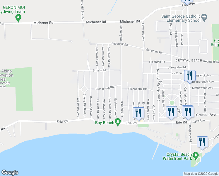 map of restaurants, bars, coffee shops, grocery stores, and more near Beechwood Avenue in Fort Erie