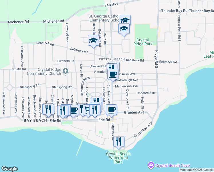map of restaurants, bars, coffee shops, grocery stores, and more near 313 Ridgeway Road in Fort Erie