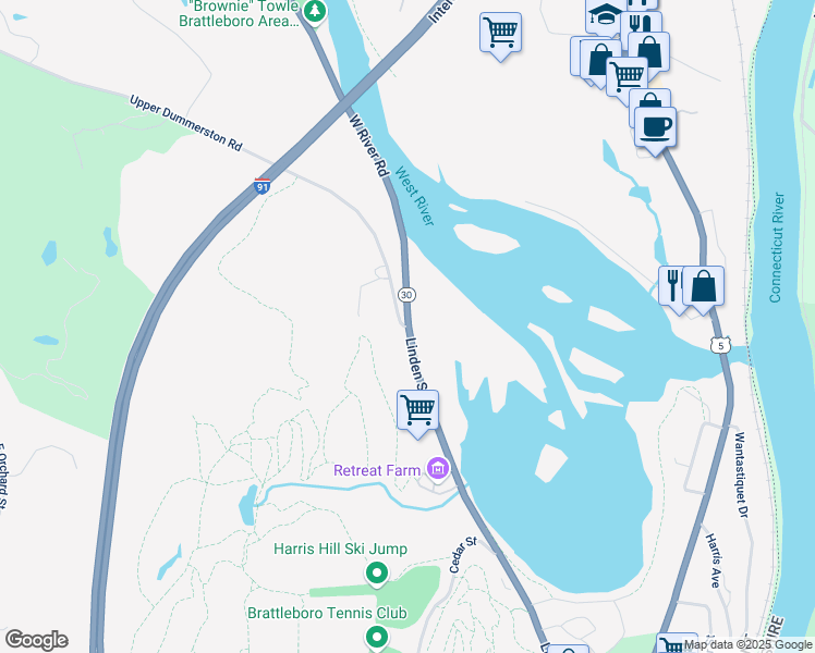 map of restaurants, bars, coffee shops, grocery stores, and more near Linden Street & Upper Dummerston Road in Brattleboro