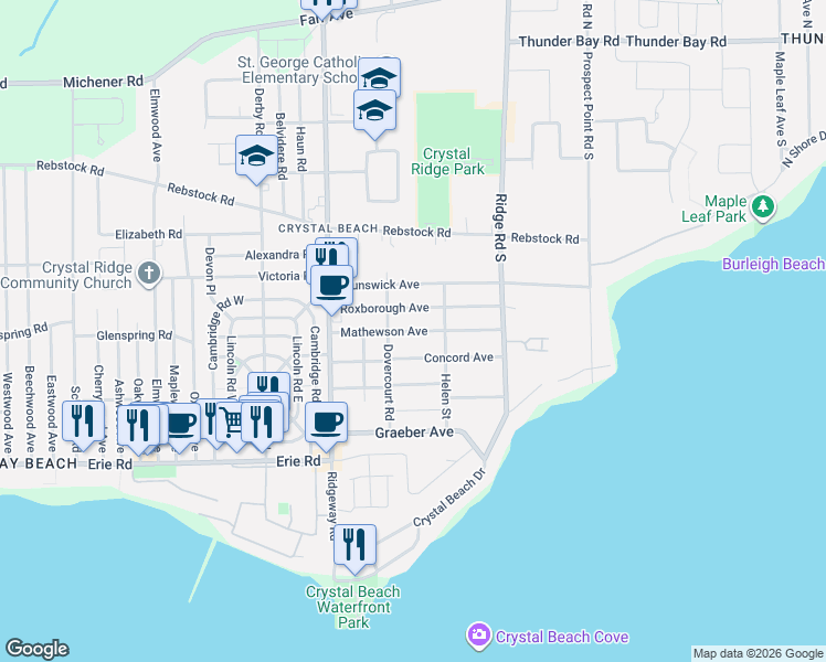 map of restaurants, bars, coffee shops, grocery stores, and more near Mathewson Avenue in Fort Erie