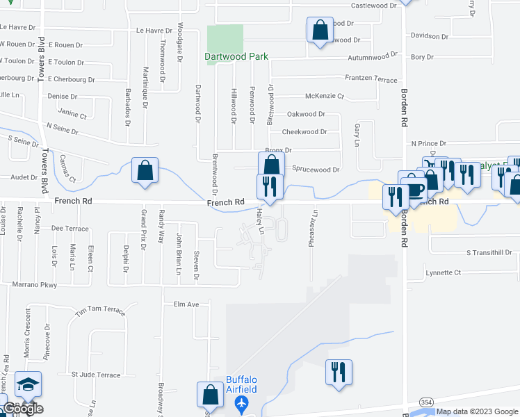map of restaurants, bars, coffee shops, grocery stores, and more near 10 Haley Lane in Cheektowaga