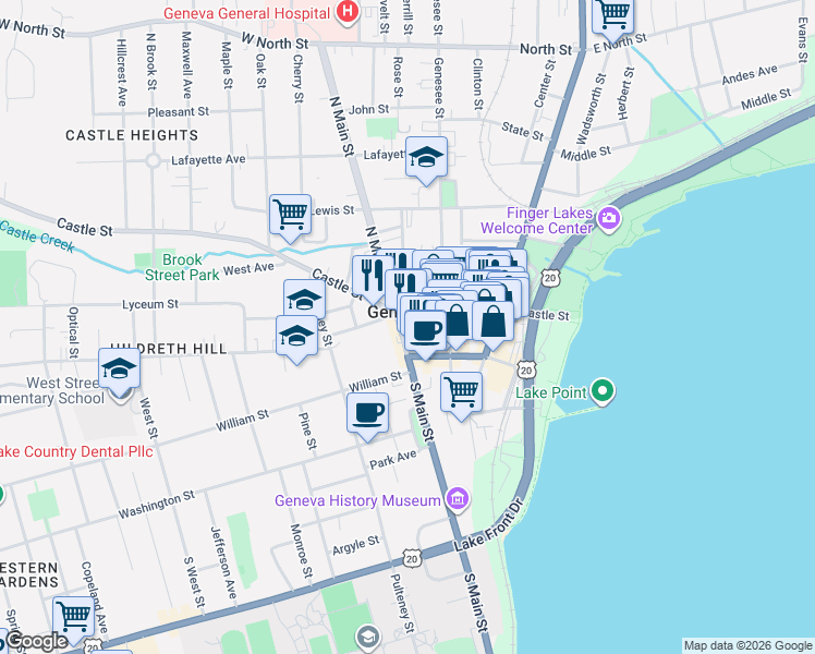 map of restaurants, bars, coffee shops, grocery stores, and more near 293 Main Street in Geneva