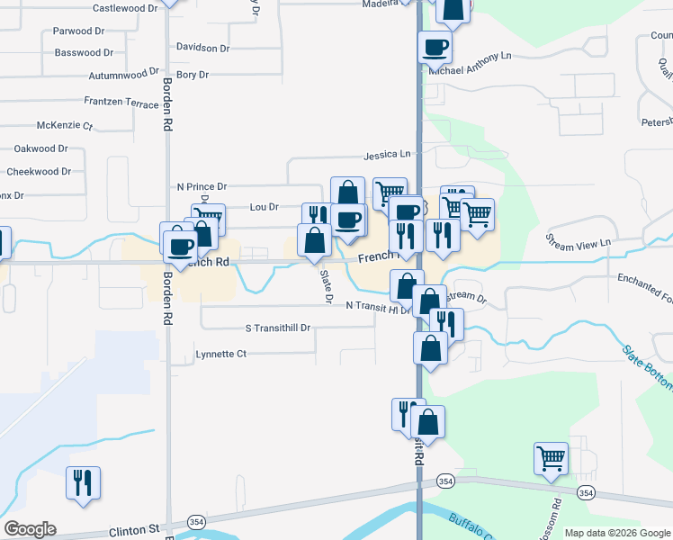 map of restaurants, bars, coffee shops, grocery stores, and more near 1401 French Road in Depew