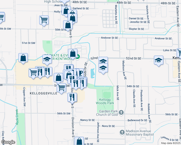 map of restaurants, bars, coffee shops, grocery stores, and more near 5380 Kellogg Woods Drive Southeast in Kentwood