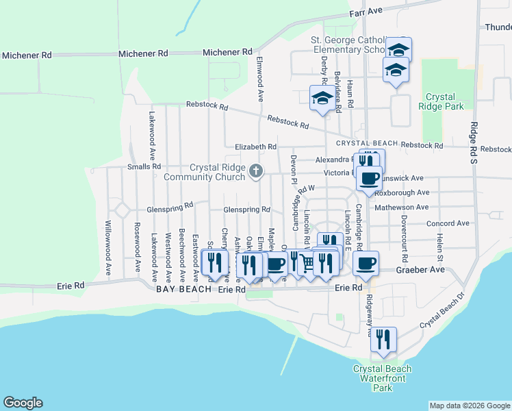 map of restaurants, bars, coffee shops, grocery stores, and more near 4054 Glenspring Road in Fort Erie