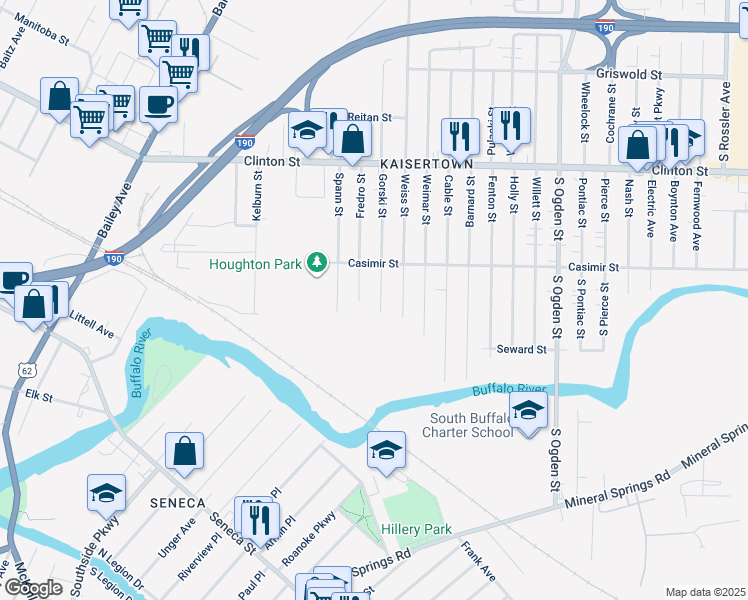 map of restaurants, bars, coffee shops, grocery stores, and more near 4 Gorski Street in Buffalo