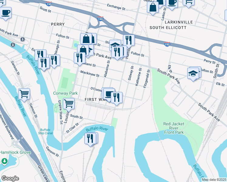 map of restaurants, bars, coffee shops, grocery stores, and more near 179 O'Connell Street in Buffalo