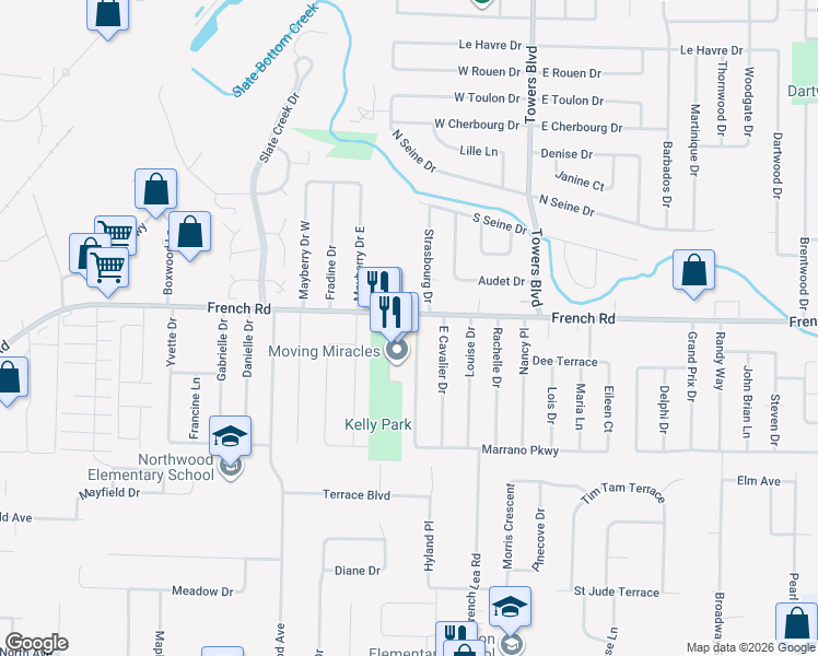 map of restaurants, bars, coffee shops, grocery stores, and more near 47 Kelly Drive in Cheektowaga