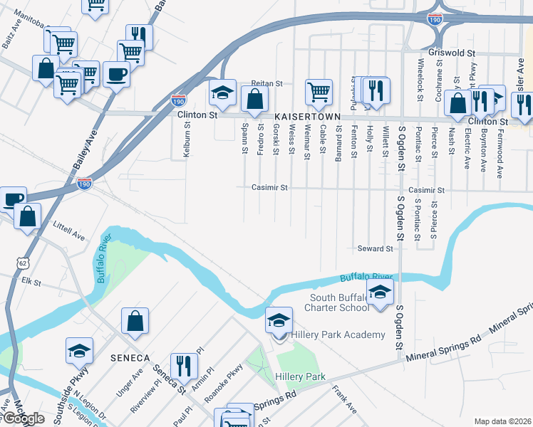 map of restaurants, bars, coffee shops, grocery stores, and more near 4 Gorski Street in Buffalo
