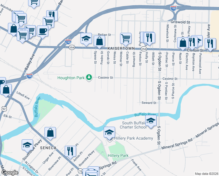 map of restaurants, bars, coffee shops, grocery stores, and more near 4 Gorski Street in Buffalo