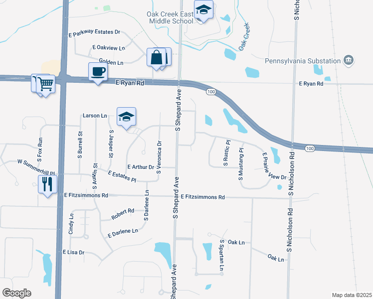 map of restaurants, bars, coffee shops, grocery stores, and more near 9736 South Scenic Court in Oak Creek