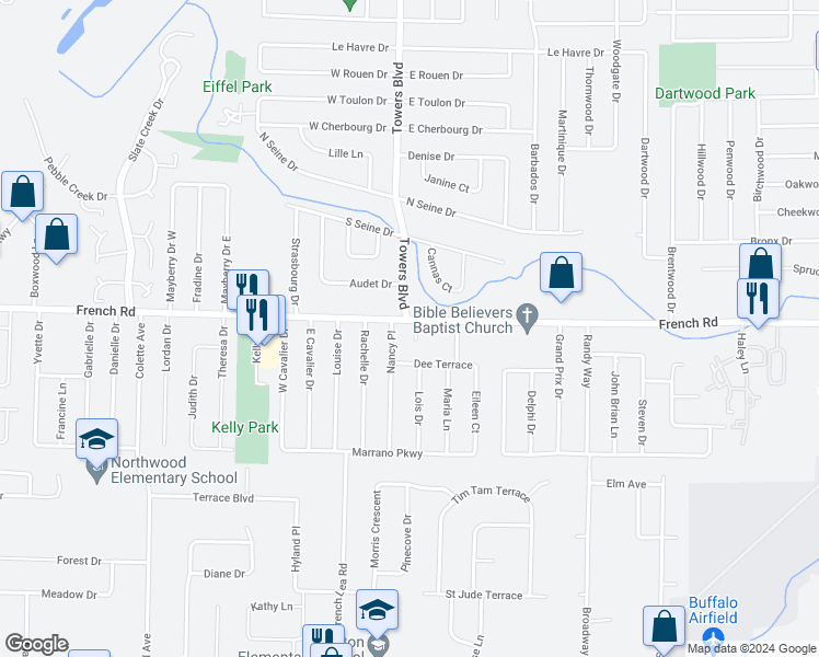 map of restaurants, bars, coffee shops, grocery stores, and more near 611 French Road in Cheektowaga