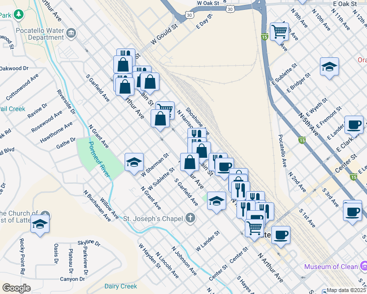 map of restaurants, bars, coffee shops, grocery stores, and more near 800-878 N Arthur Ave in Pocatello