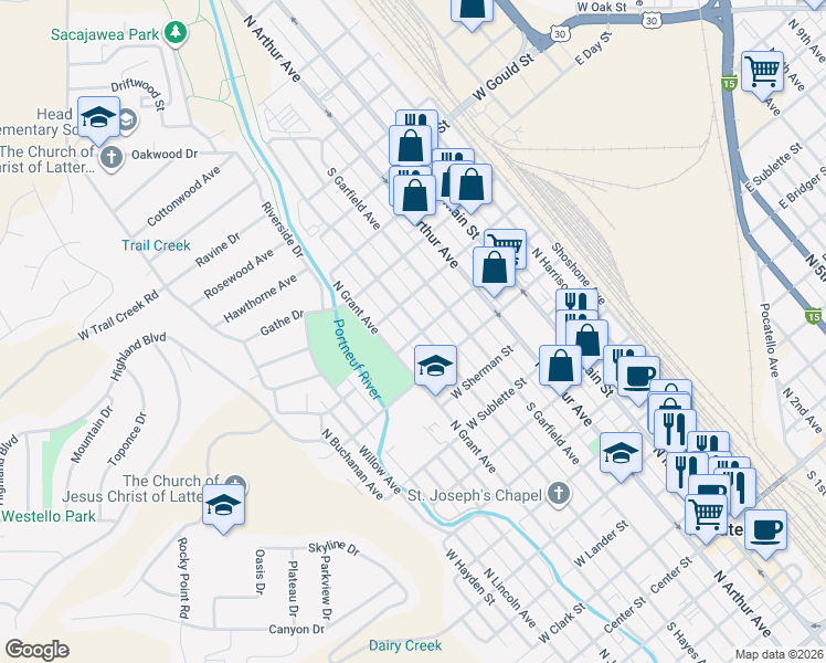 map of restaurants, bars, coffee shops, grocery stores, and more near 1029 North Hayes Avenue in Pocatello
