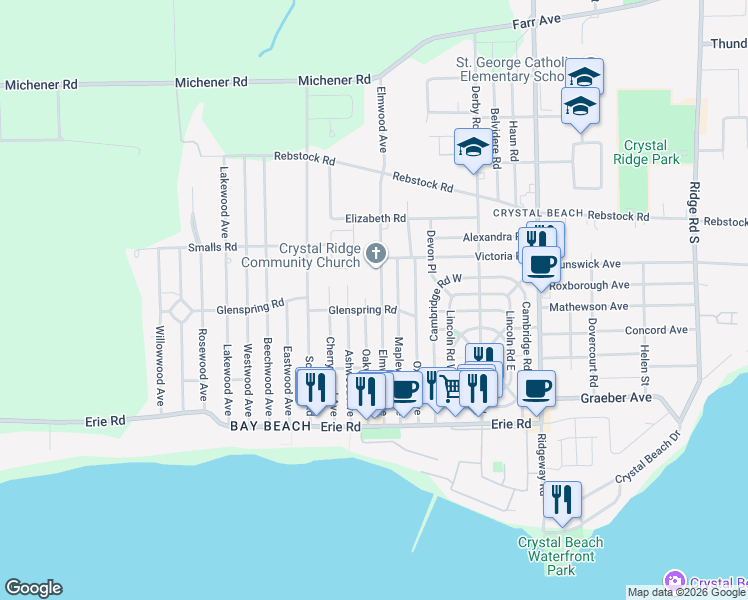 map of restaurants, bars, coffee shops, grocery stores, and more near 281 Elmwood Avenue in Fort Erie