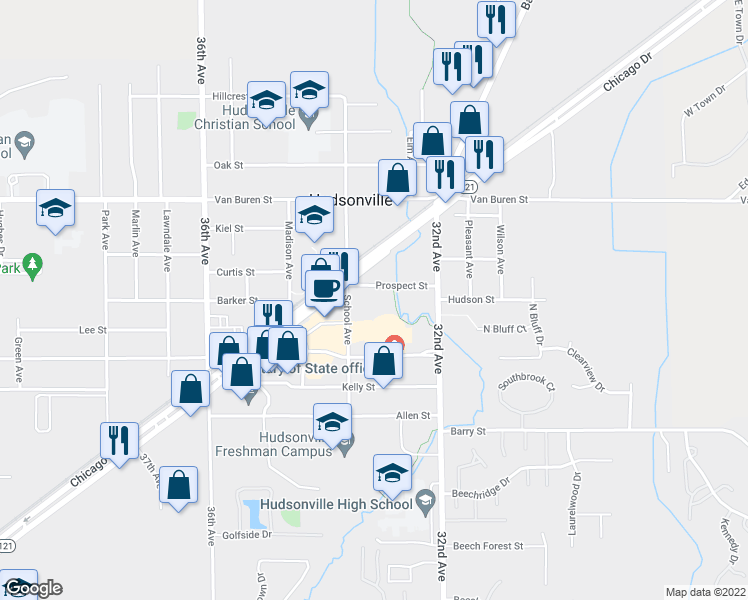 map of restaurants, bars, coffee shops, grocery stores, and more near 3302 Prospect Street in Hudsonville