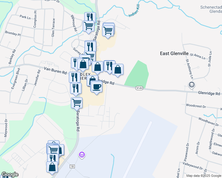 map of restaurants, bars, coffee shops, grocery stores, and more near 18 Glenridge Road in Schenectady