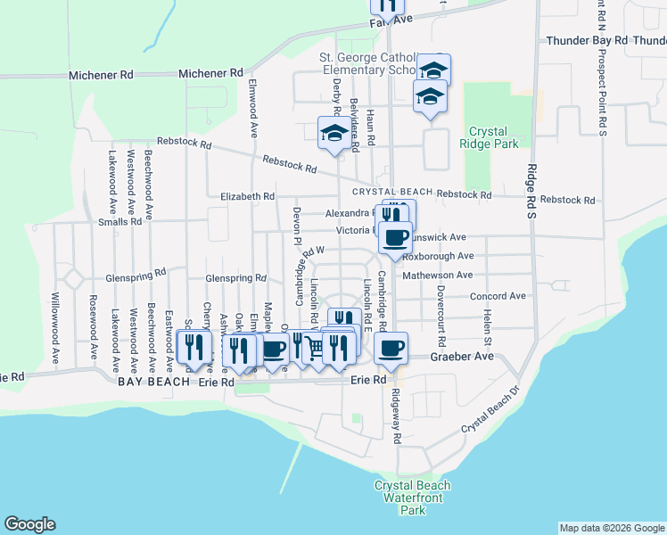 map of restaurants, bars, coffee shops, grocery stores, and more near 347 Lincoln Road West in Fort Erie