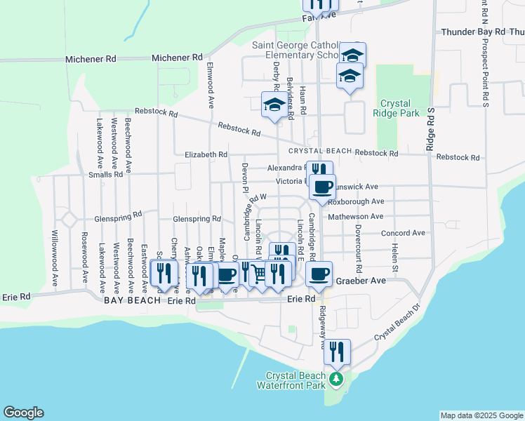 map of restaurants, bars, coffee shops, grocery stores, and more near 303 Lincoln Road West in Fort Erie
